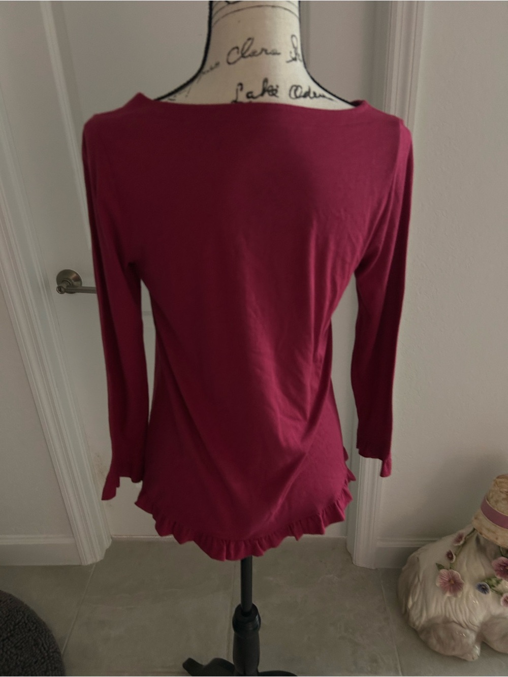 Loft Women’s Long Sleeve Ruffle Hem Top in Raspberry - Picture 3 of 5